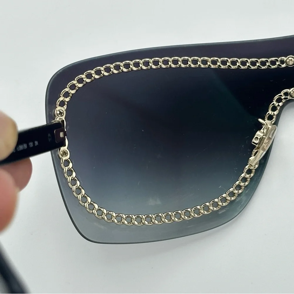 CHANEL Smoke Grey Black Sunglasses Gold Chain Detail Luxury Authentic Designer
